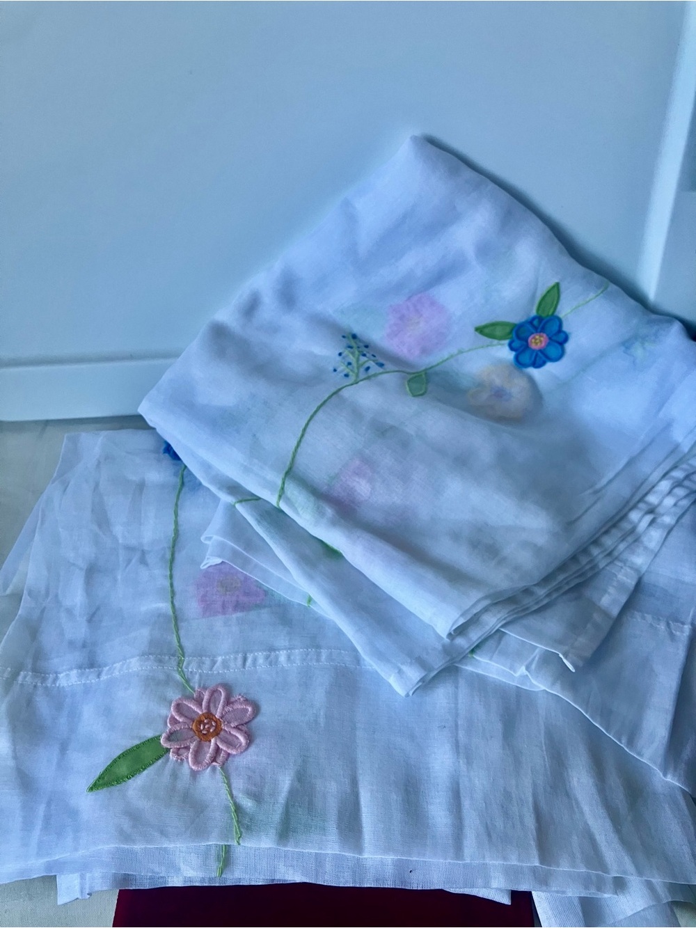Pottery Barn Kids White Semi Sheer Appliqué Embroidery Flowers Two Long Curtains